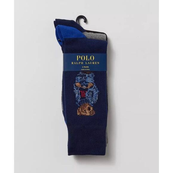 Polo Ralph Lauren American Bear Crew Athletic Socks 2-Pack Blue Grey Flag - Picture 3 of 3